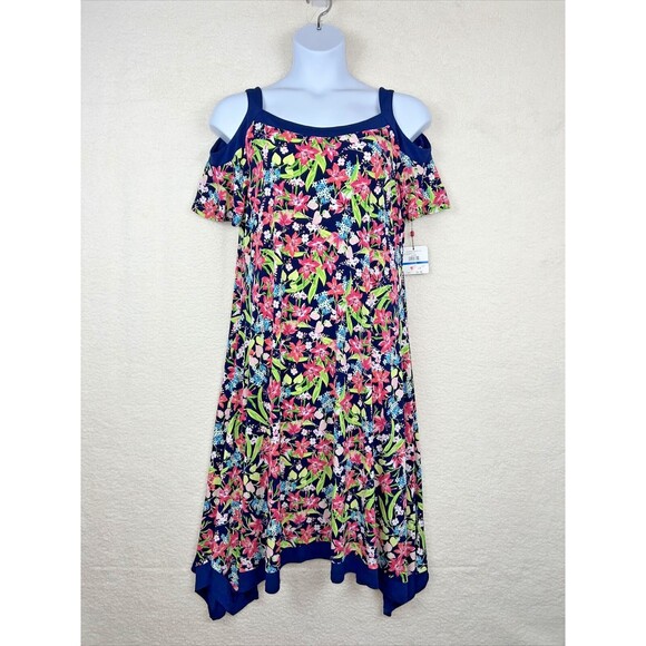Rafaella Dress Blue Pink Green Lily Floral Cold Shoulder Handkerchief Hem Sz XL - Picture 1 of 9